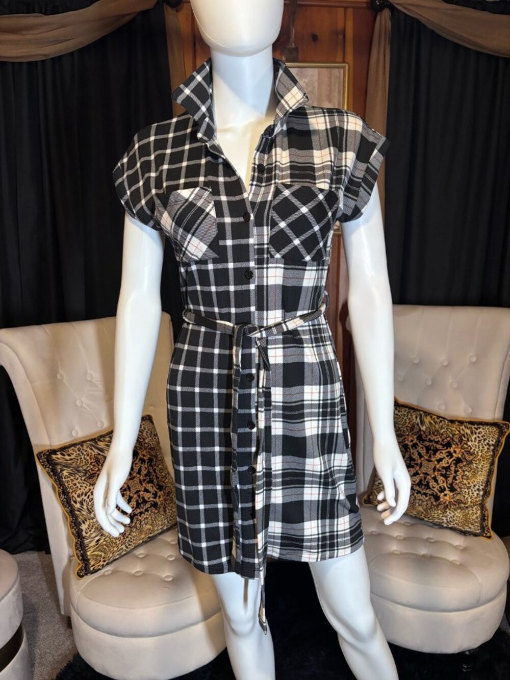 No Boundaries Juniors S 3-5 Black Off White Plaid Belted Shirt Dress NWT Fall